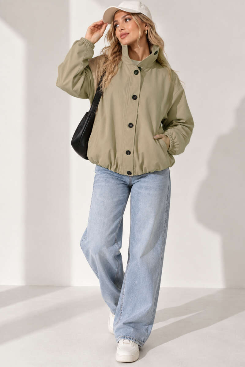 Balloon-Sleeve Trench Coat with Elastic Waist - Almond Green