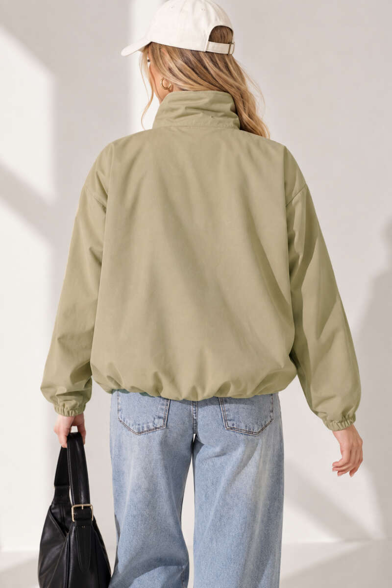 Balloon-Sleeve Trench Coat with Elastic Waist - Almond Green
