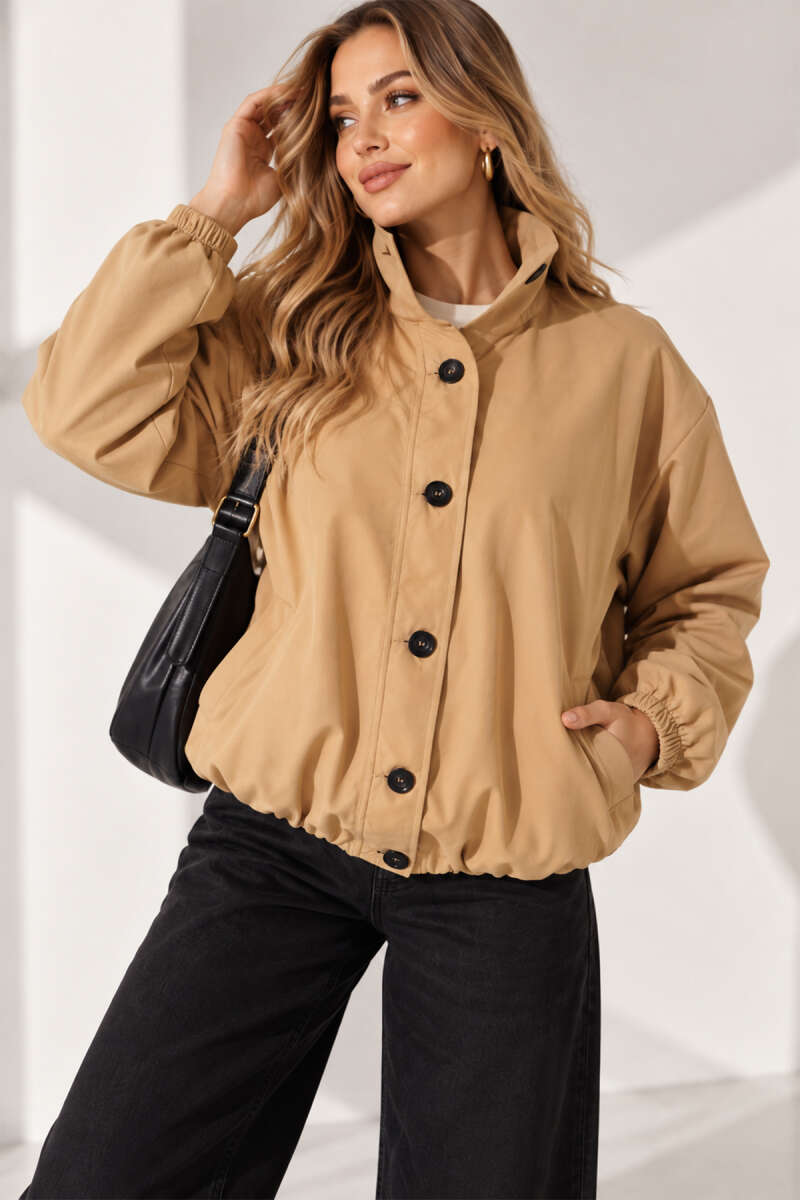 Balloon-Sleeve Trench Coat with Elastic Waist - Camel