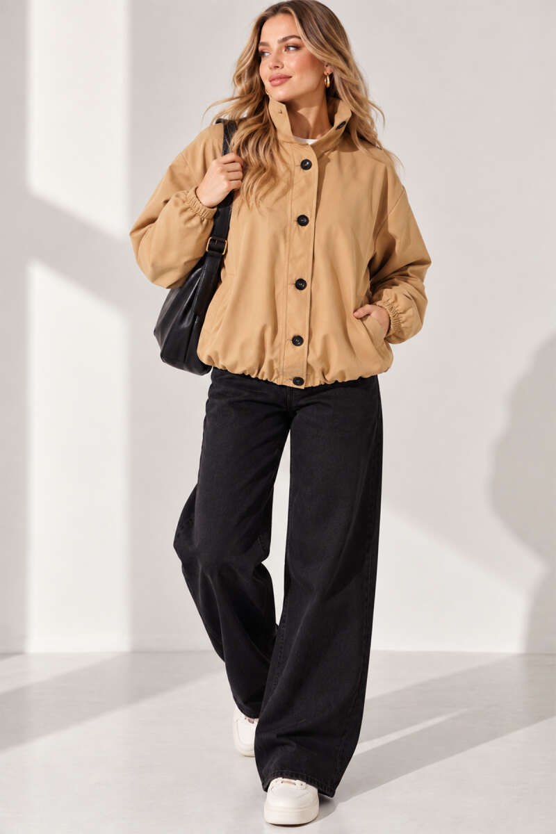 Balloon-Sleeve Trench Coat with Elastic Waist - Camel