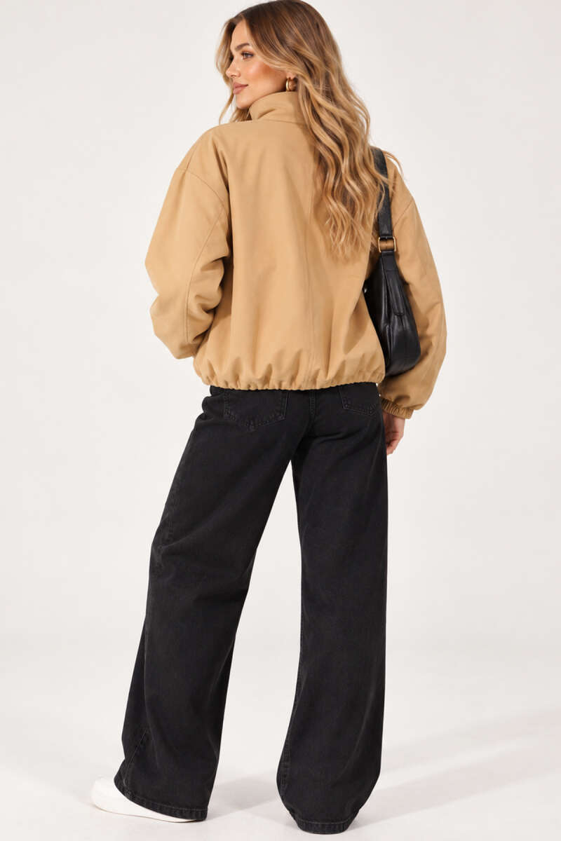 Balloon-Sleeve Trench Coat with Elastic Waist - Camel