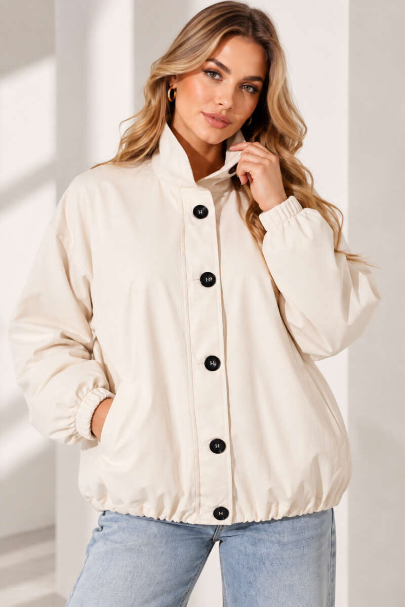 Balloon-Sleeve Trench Coat with Elastic Waist - Ecru