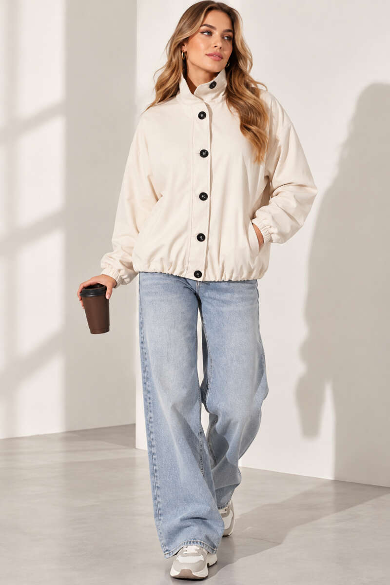 Balloon-Sleeve Trench Coat with Elastic Waist - Ecru