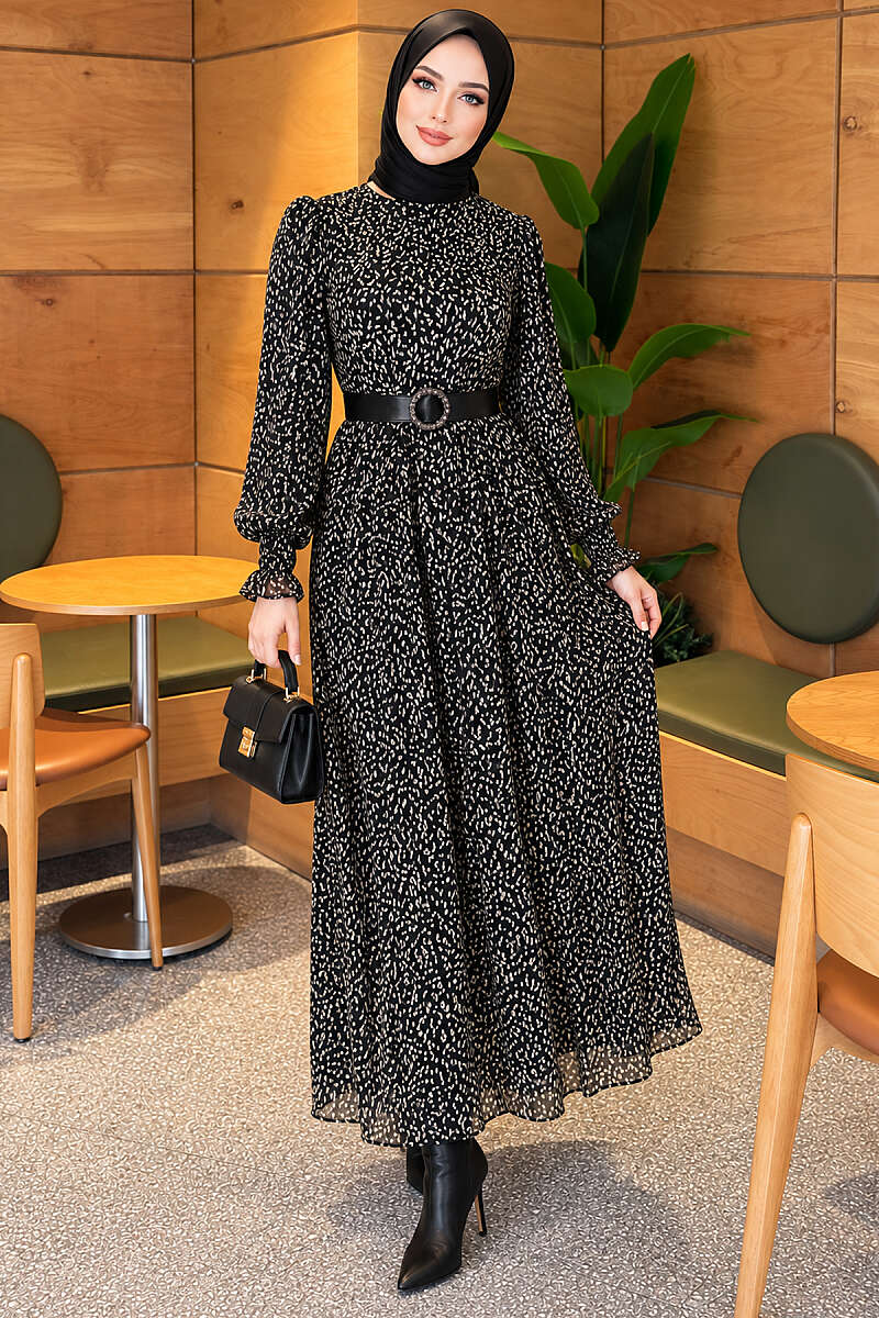 Puff-Sleeve Patterned Chiffon Dress - Black
