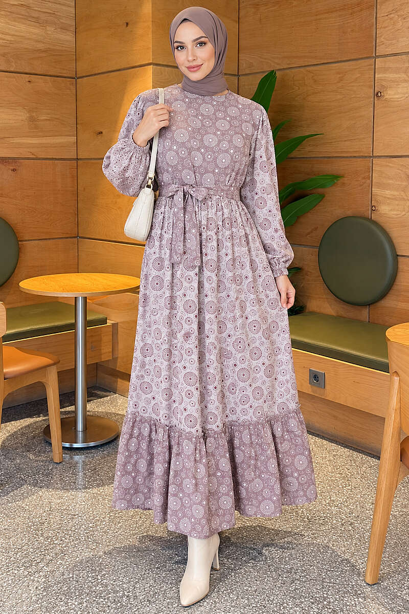 Puff-Sleeve Ruffled Crinkle Dress - Grey