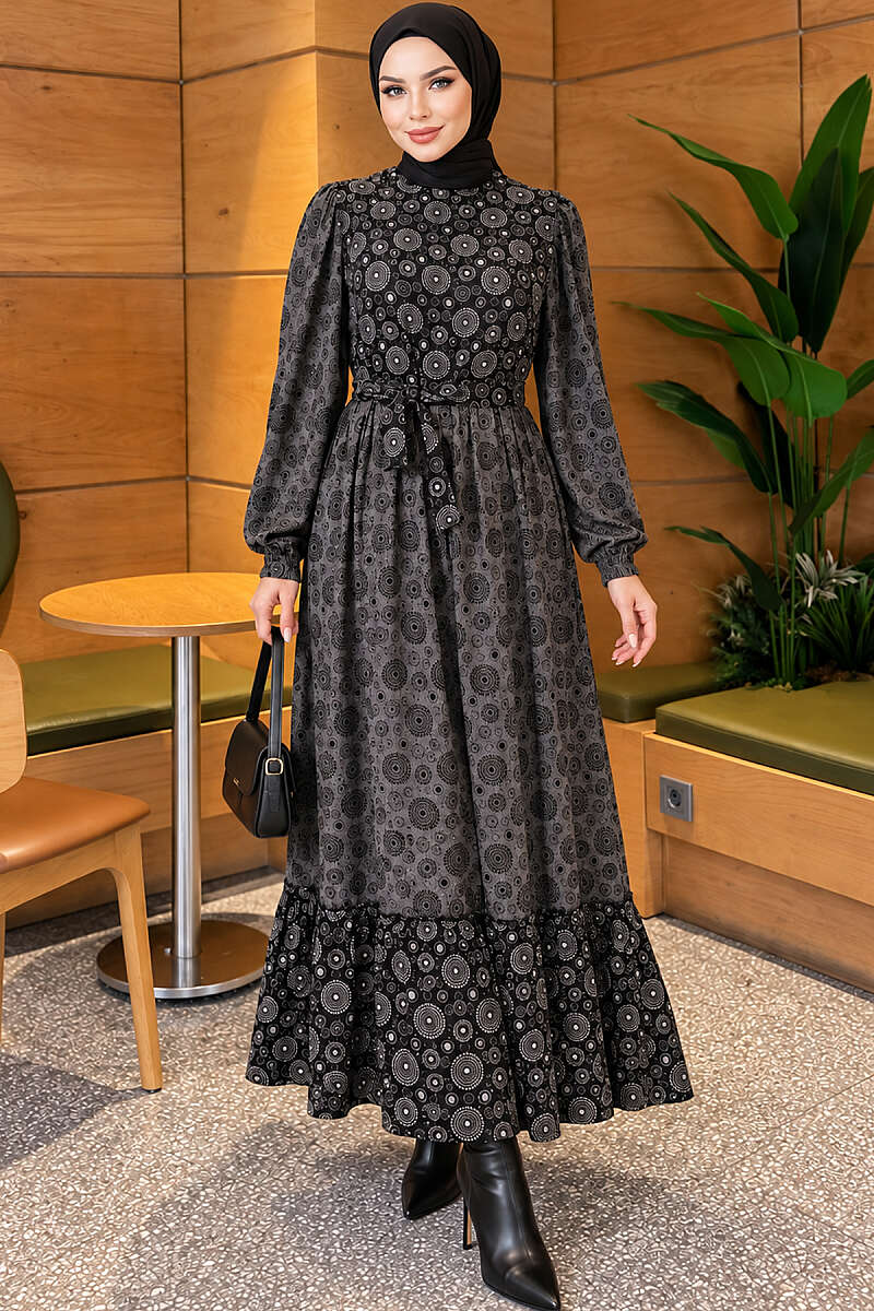 Puff-Sleeve Ruffled Crinkle Dress - Black