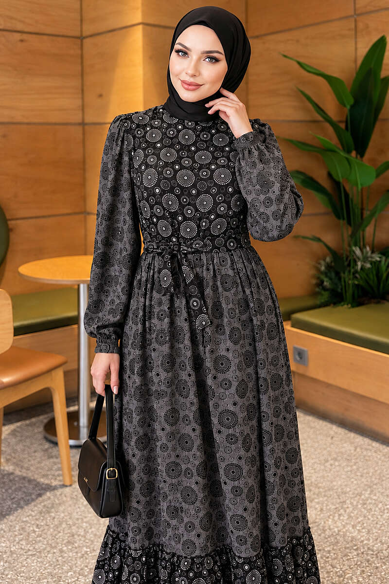 Puff-Sleeve Ruffled Crinkle Dress - Black