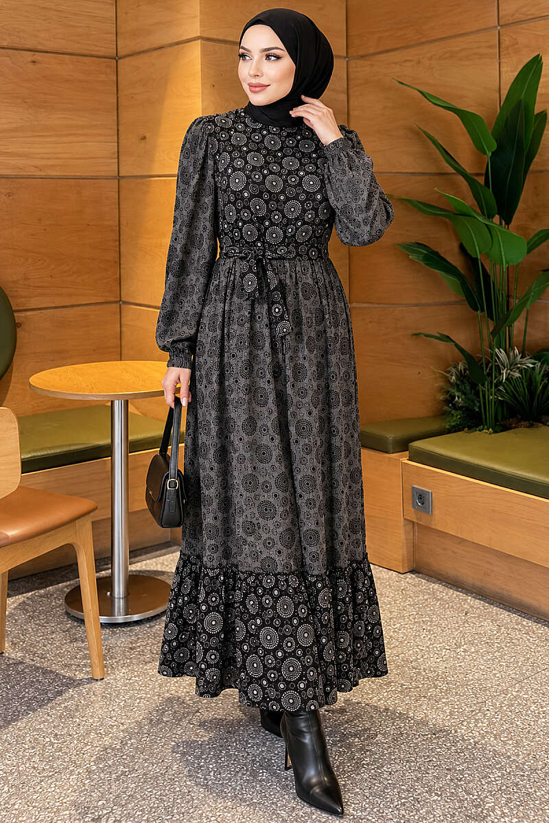 Puff-Sleeve Ruffled Crinkle Dress - Black