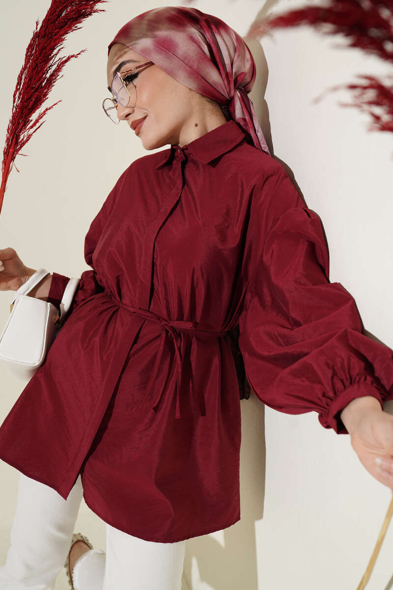 Puff-Sleeve Parachute Shirt with Concealed Buttons - Burgundy