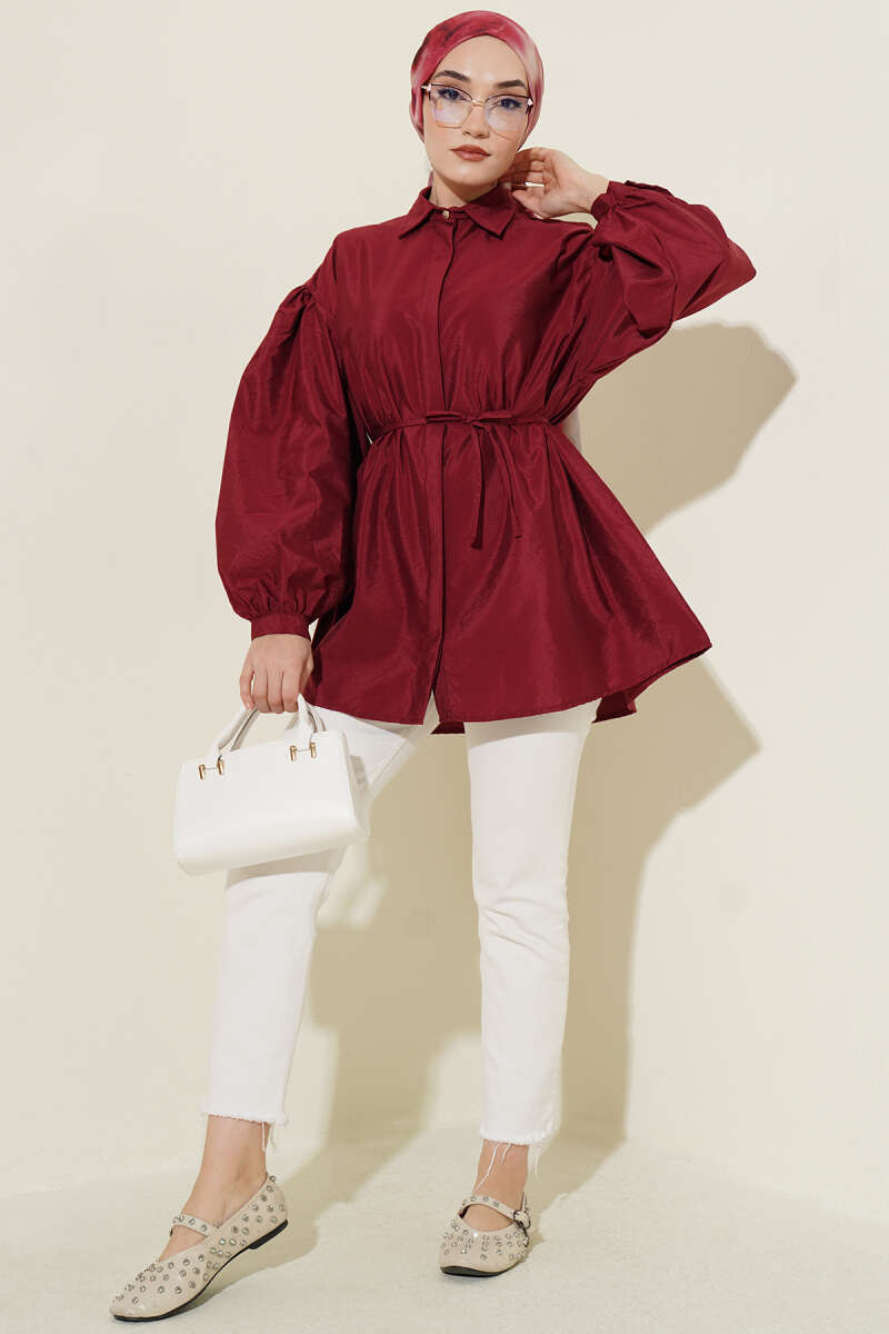 Puff-Sleeve Parachute Shirt with Concealed Buttons - Burgundy