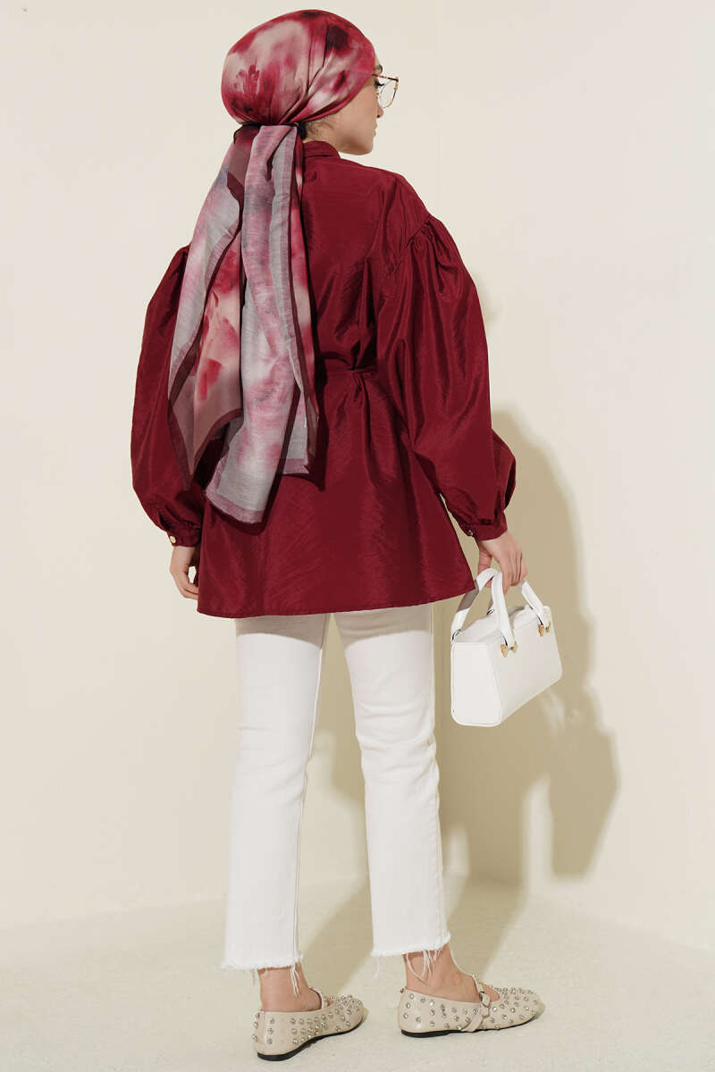 Puff-Sleeve Parachute Shirt with Concealed Buttons - Burgundy