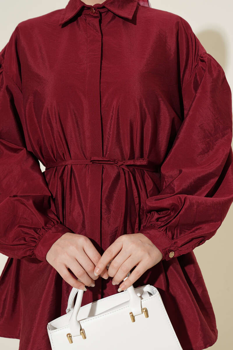 Puff-Sleeve Parachute Shirt with Concealed Buttons - Burgundy