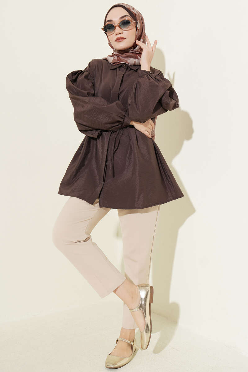 Puff-Sleeve Parachute Shirt with Concealed Buttons - Brown