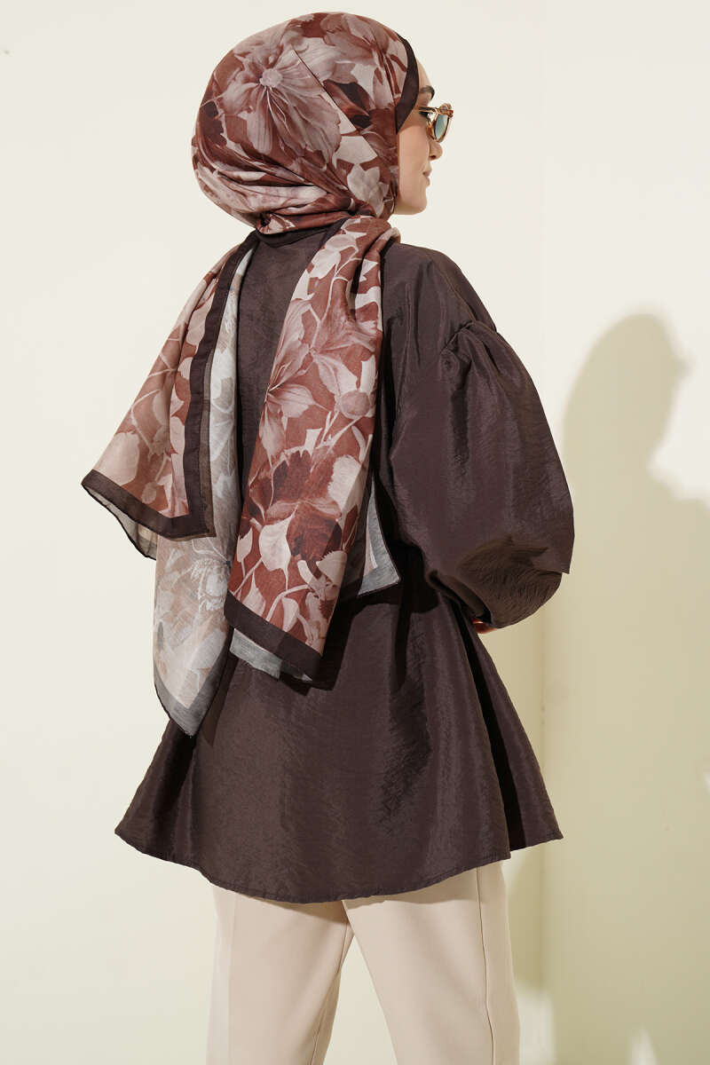 Puff-Sleeve Parachute Shirt with Concealed Buttons - Brown