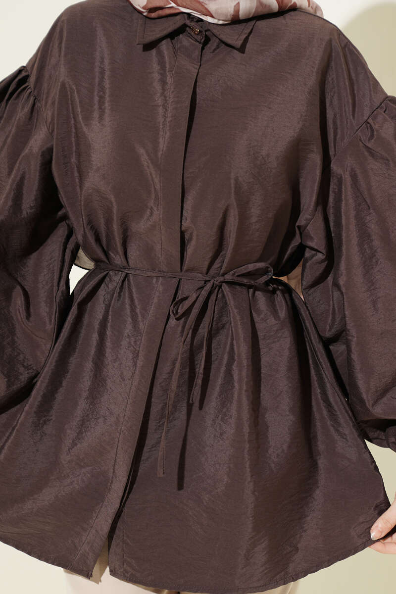 Puff-Sleeve Parachute Shirt with Concealed Buttons - Brown