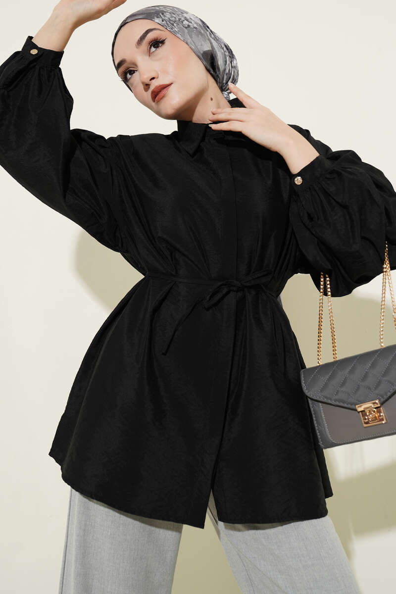 Puff-Sleeve Parachute Shirt with Concealed Buttons - Black