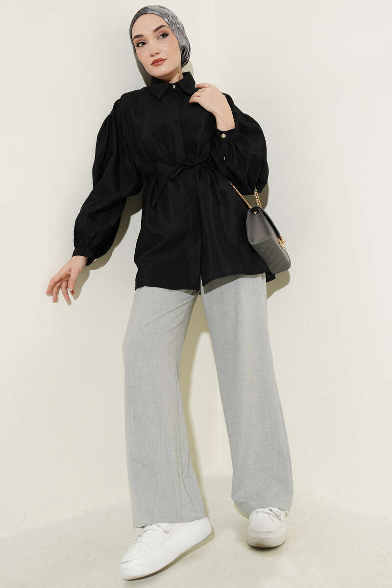 Puff-Sleeve Parachute Shirt with Concealed Buttons - Black