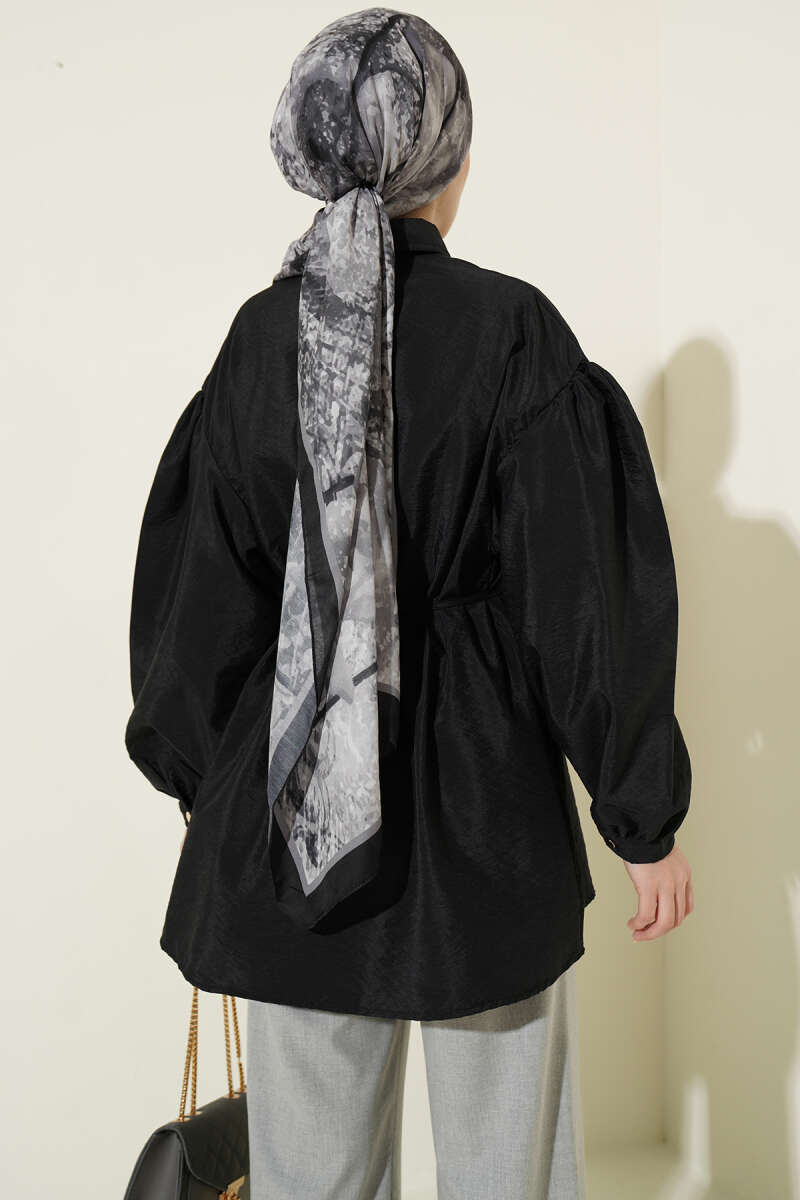 Puff-Sleeve Parachute Shirt with Concealed Buttons - Black