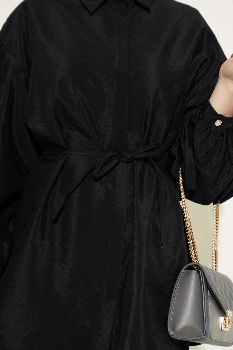 Puff-Sleeve Parachute Shirt with Concealed Buttons - Black