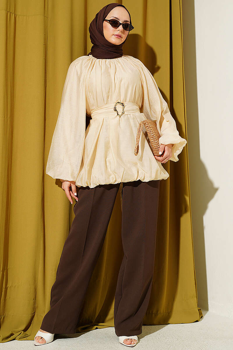 Belted Puff-Sleeve Tunic with Gold Buckle - Beige