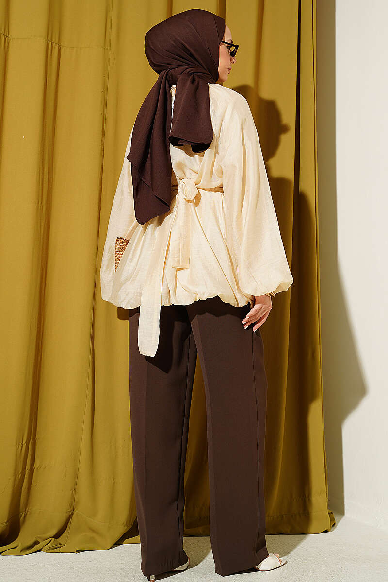 Belted Puff-Sleeve Tunic with Gold Buckle - Beige
