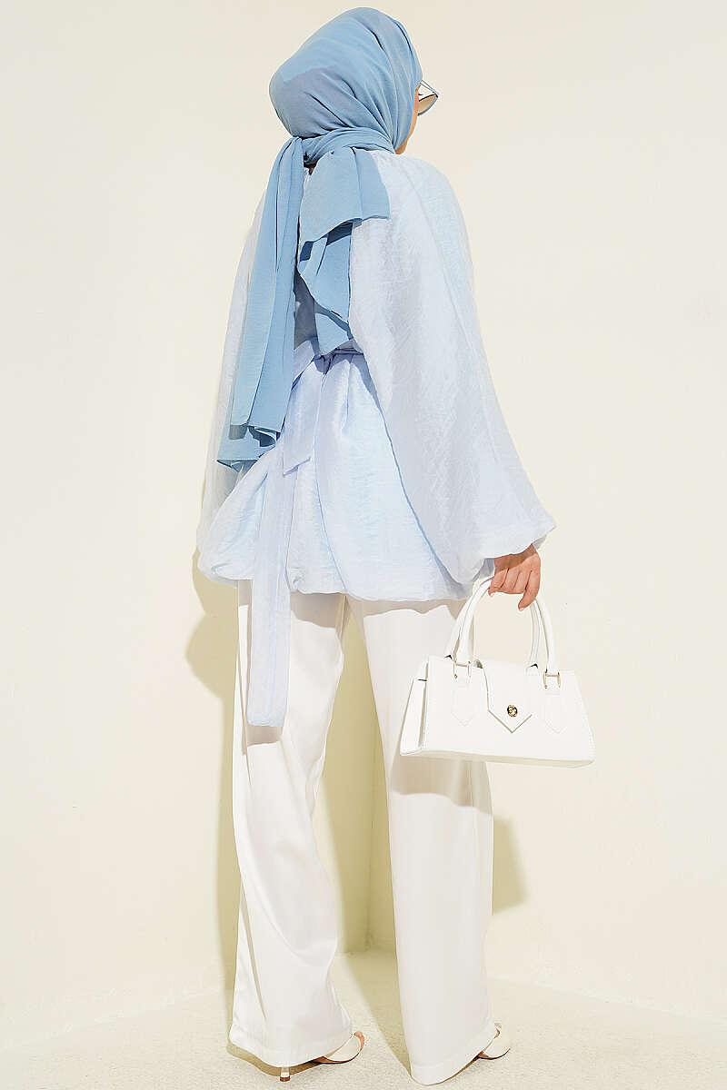 Belted Puff-Sleeve Tunic with Gold Buckle - Blue