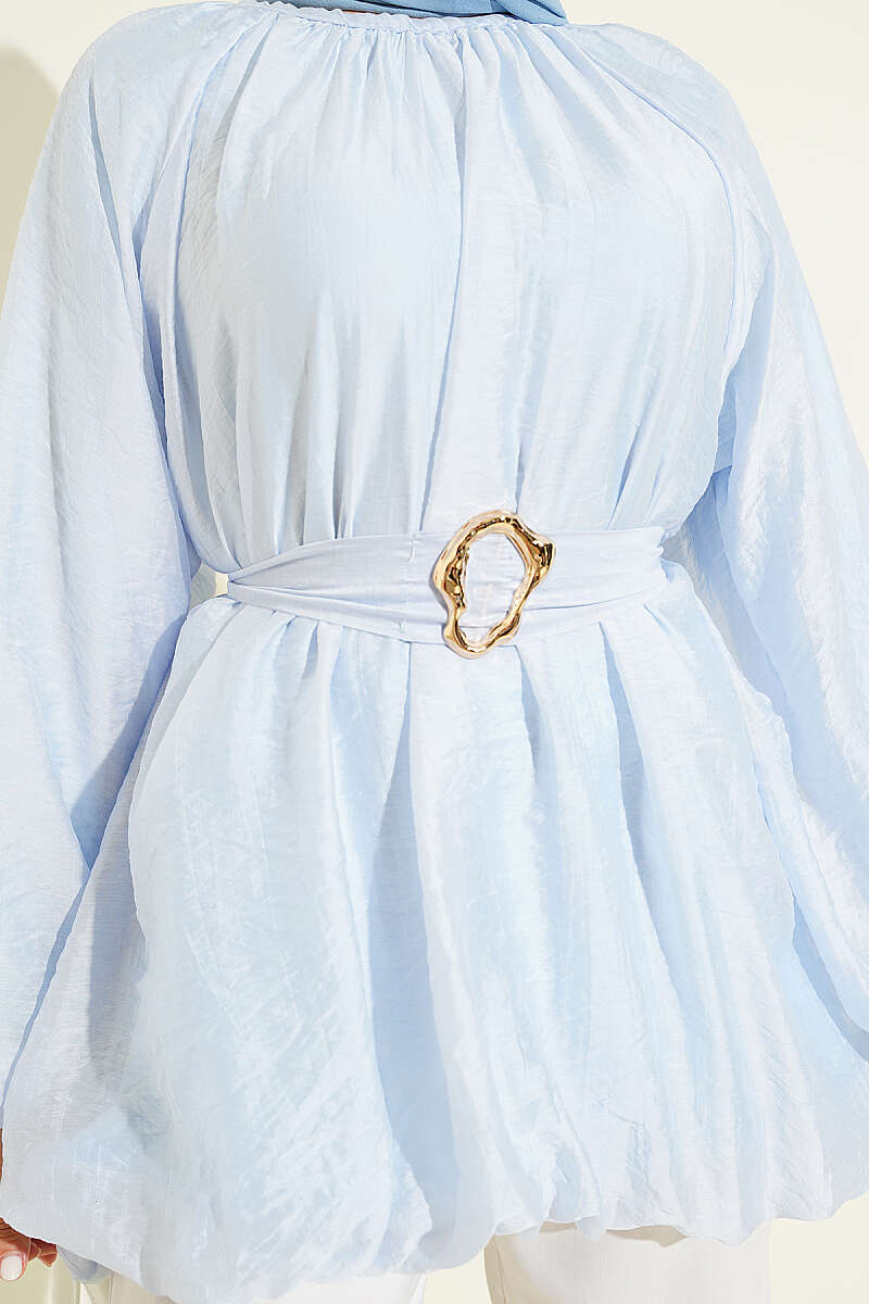 Belted Puff-Sleeve Tunic with Gold Buckle - Blue