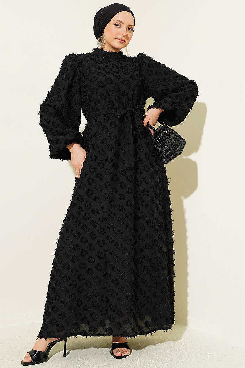 Puff-Sleeve Brushed Dress with Ring Detail - Black