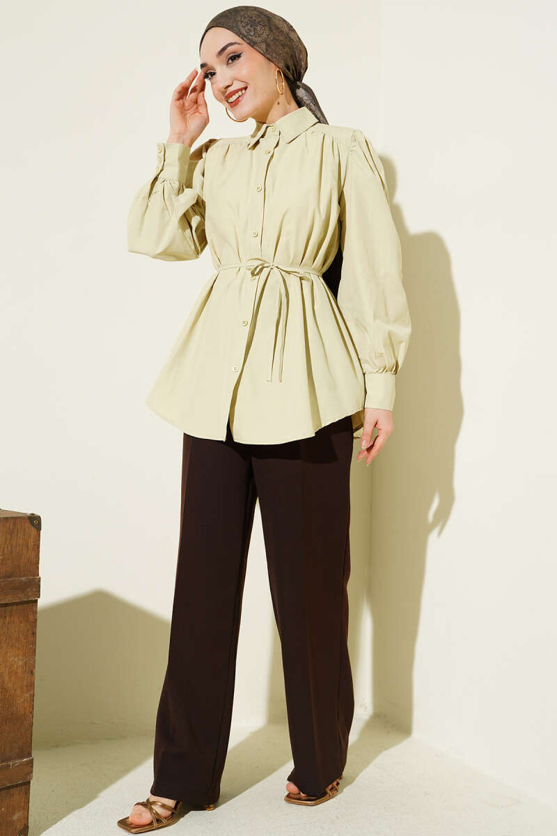 Balloon-Sleeve Tunic with Cord Detail - Sage