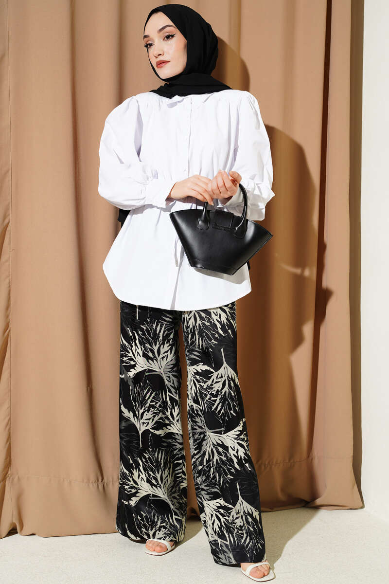 Balloon-Sleeve Tunic with Cord Detail - White