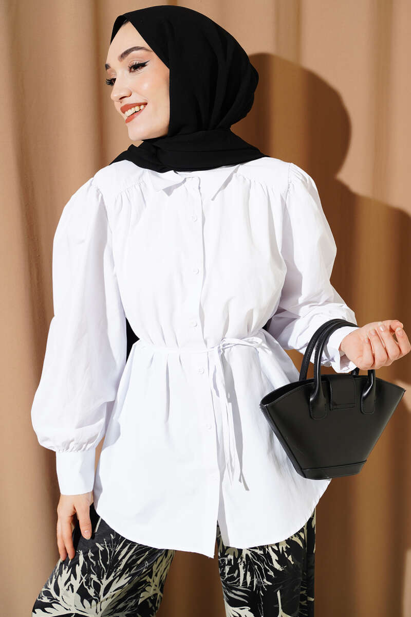 Balloon-Sleeve Tunic with Cord Detail - White