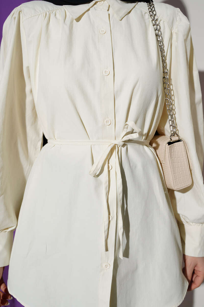 Balloon-Sleeve Tunic with Cord Detail - Ecru