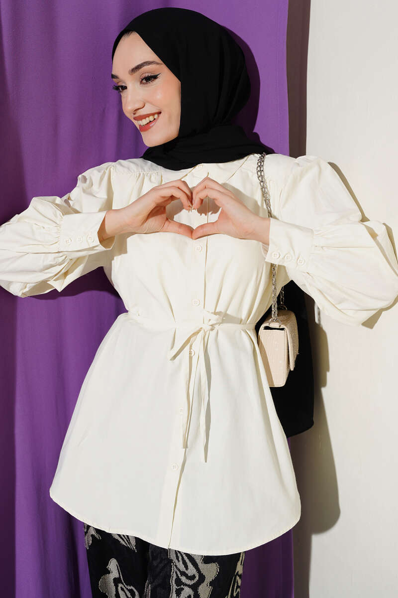 Balloon-Sleeve Tunic with Cord Detail - Ecru