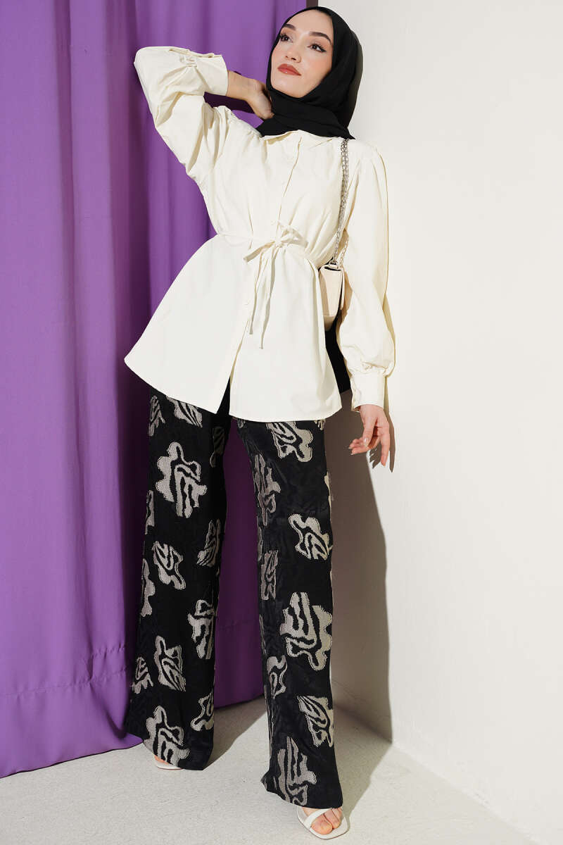 Balloon-Sleeve Tunic with Cord Detail - Ecru