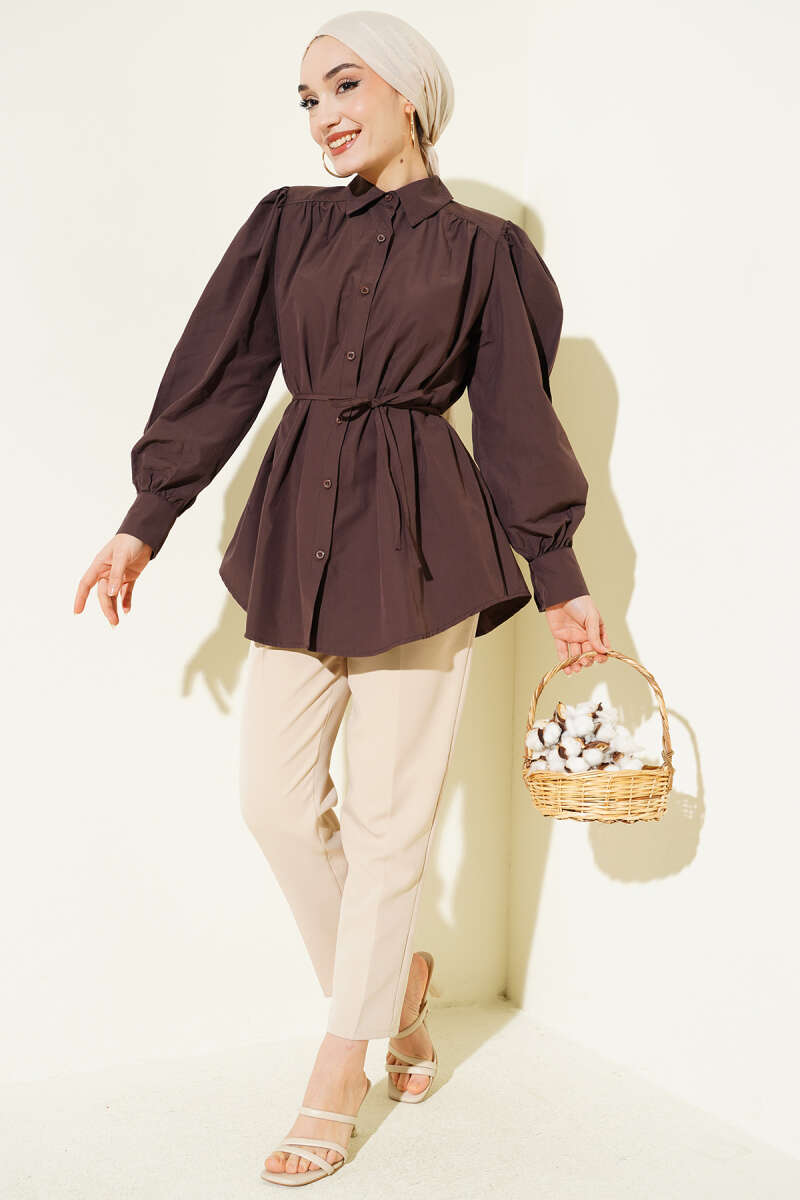 Balloon-Sleeve Tunic with Cord Detail - Brown