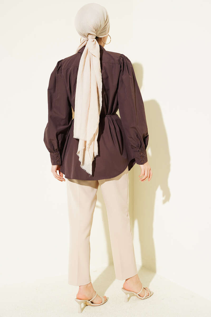 Balloon-Sleeve Tunic with Cord Detail - Brown
