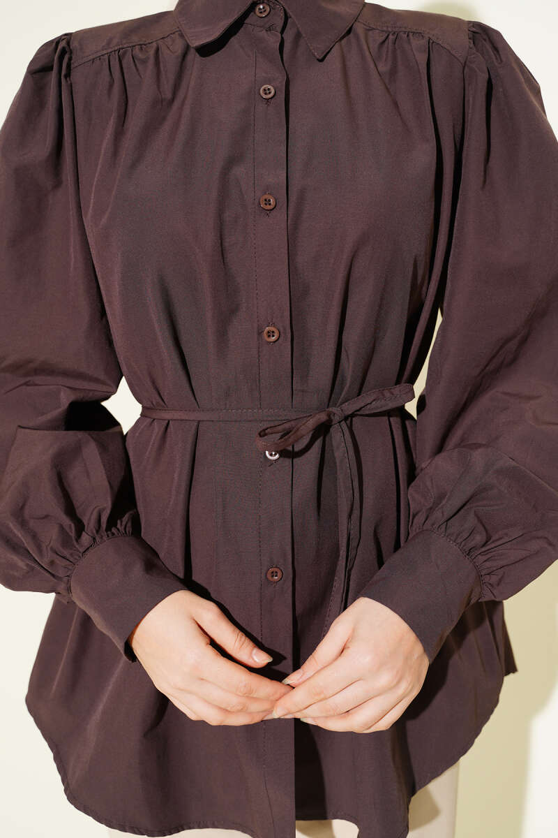 Balloon-Sleeve Tunic with Cord Detail - Brown