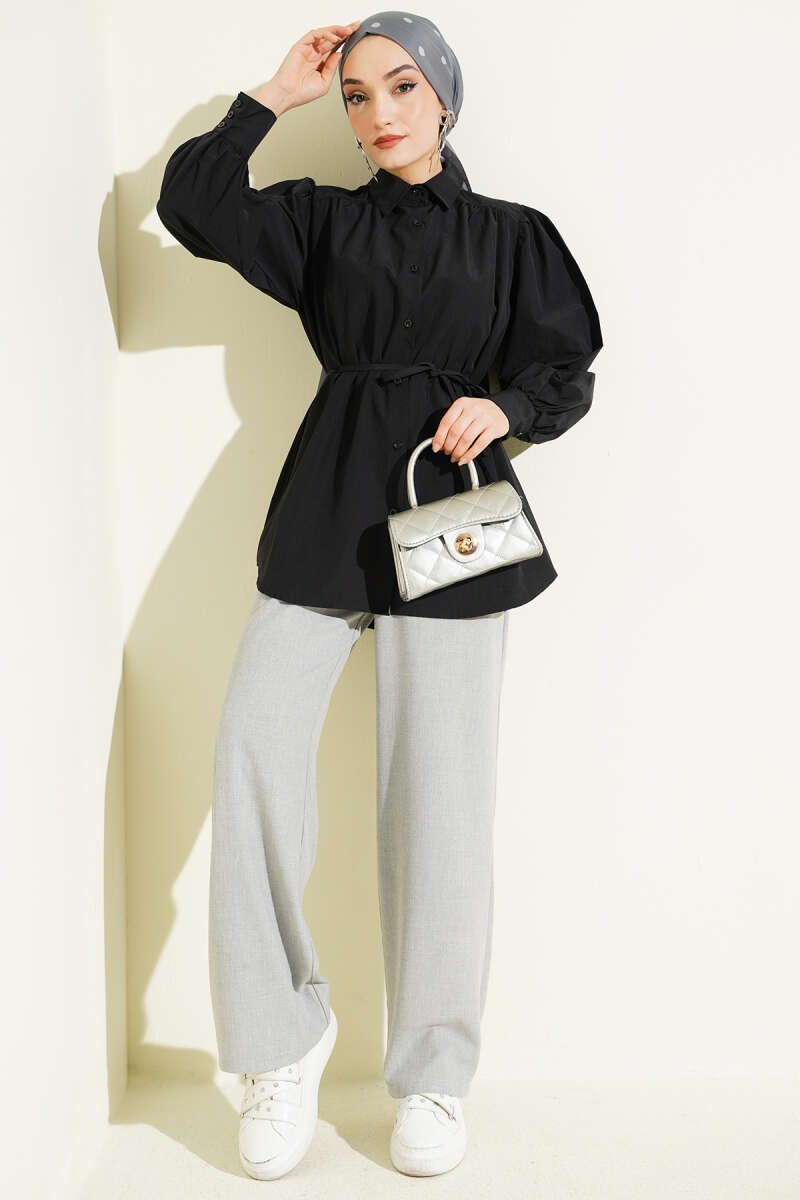 Balloon-Sleeve Tunic with Cord Detail - Black