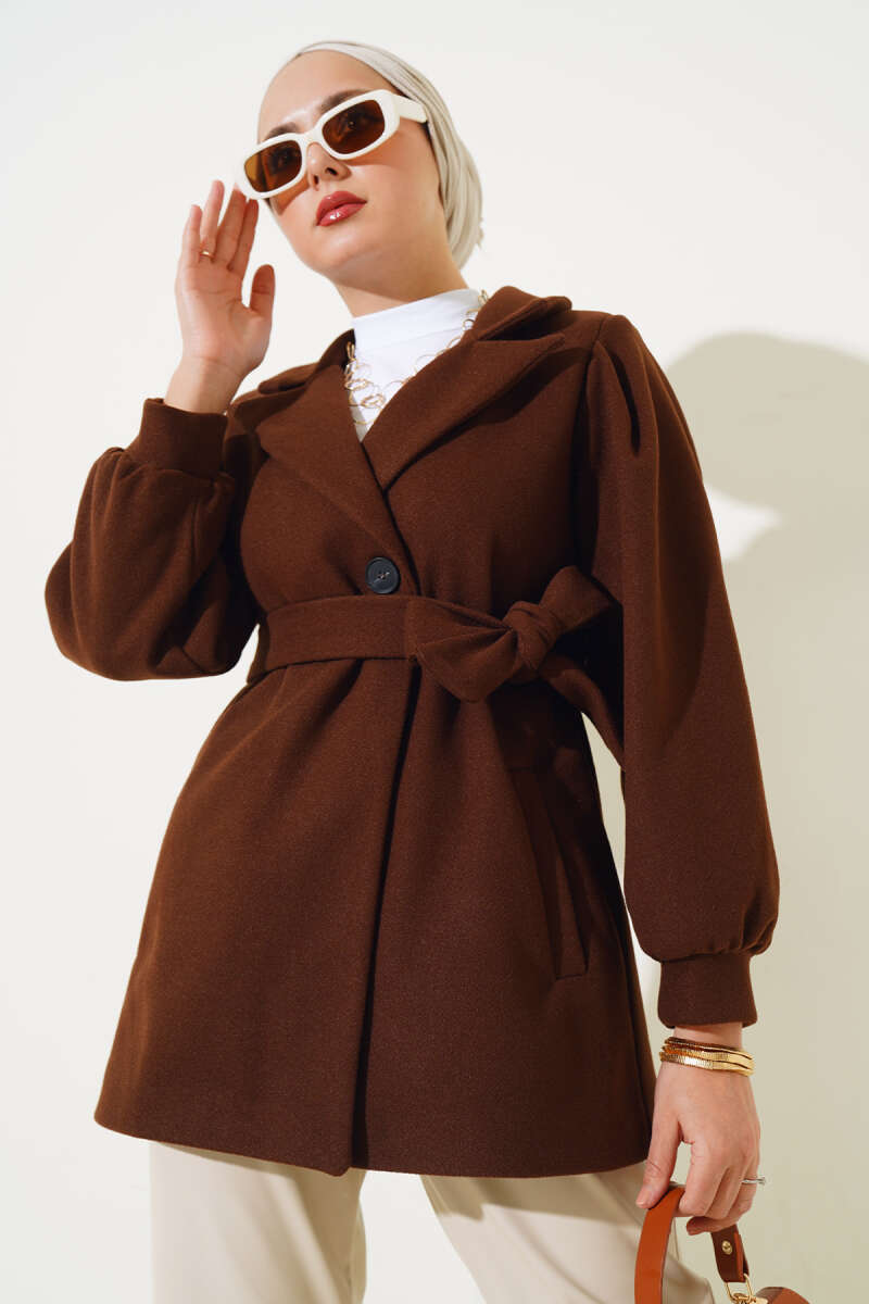 Short Felt Coat with Puff Sleeves - Brown