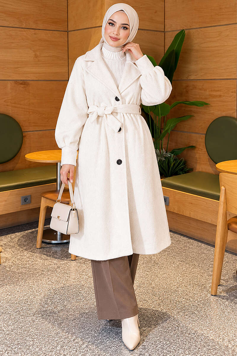 Belted Faux Fur Coat with Puff Sleeves - Ecru