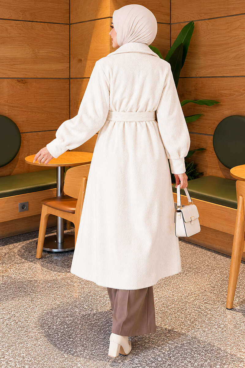 Belted Faux Fur Coat with Puff Sleeves - Ecru