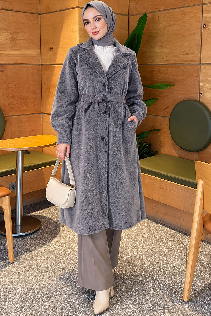 Belted Faux Fur Coat with Puff Sleeves - Smoke Grey