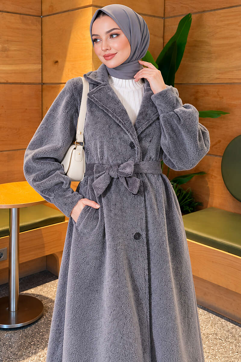 Belted Faux Fur Coat with Puff Sleeves - Smoke Grey