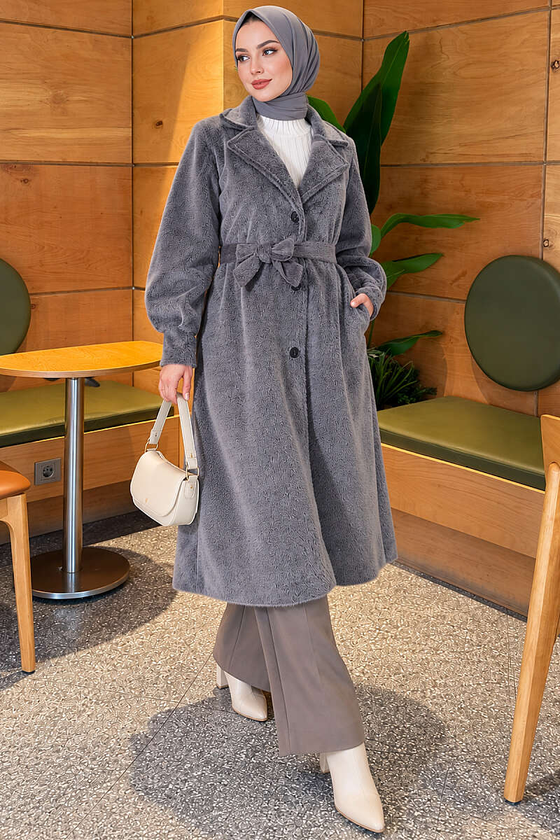 Belted Faux Fur Coat with Puff Sleeves - Smoke Grey