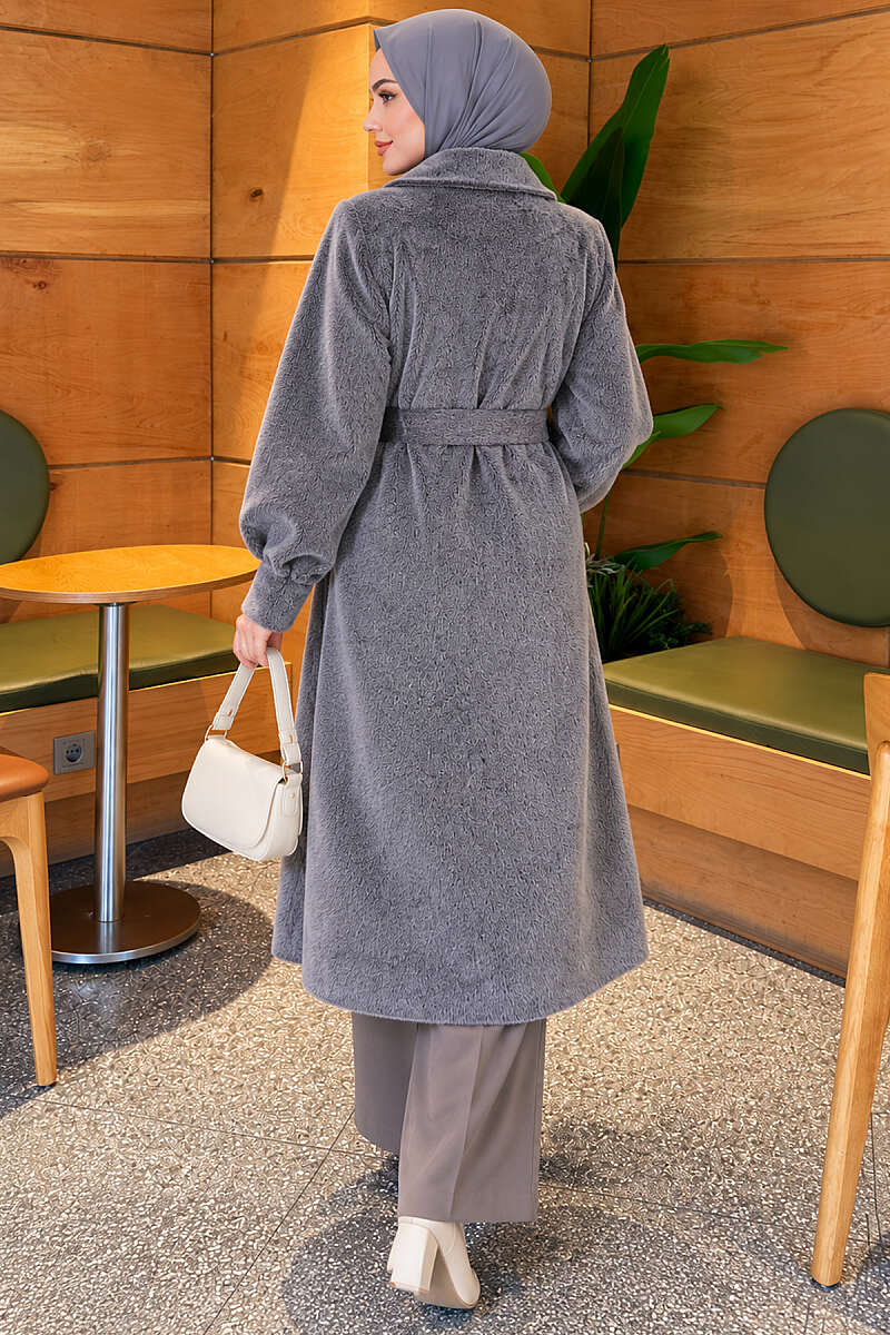 Belted Faux Fur Coat with Puff Sleeves - Smoke Grey