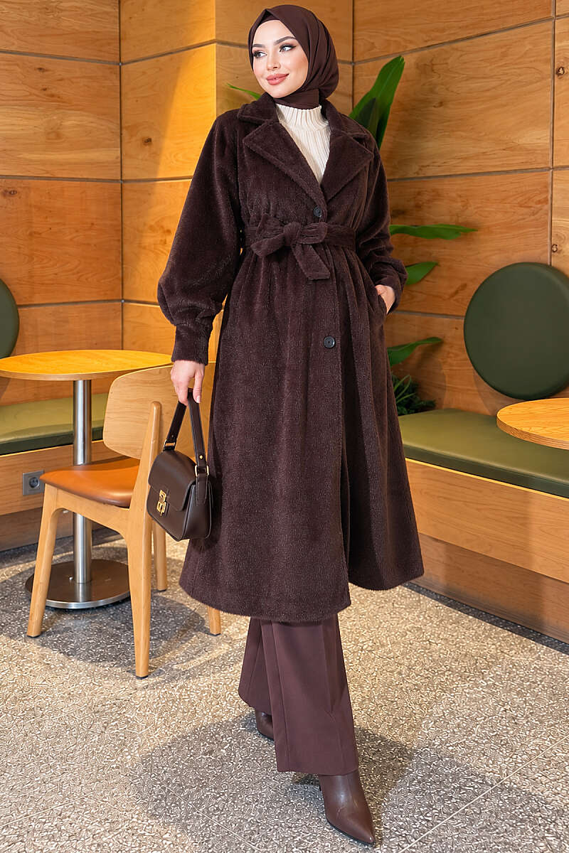 Belted Faux Fur Coat with Puff Sleeves - Brown
