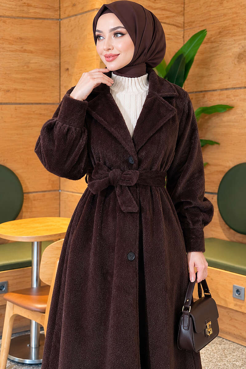 Belted Faux Fur Coat with Puff Sleeves - Brown