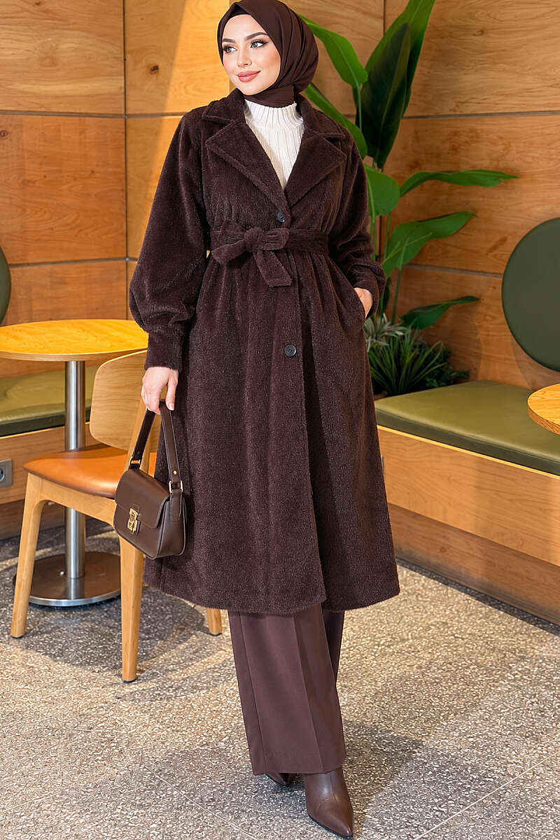 Belted Faux Fur Coat with Puff Sleeves - Brown