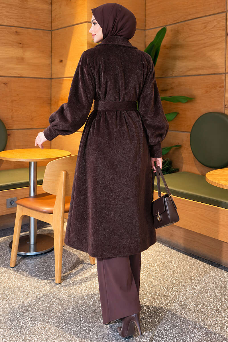 Belted Faux Fur Coat with Puff Sleeves - Brown