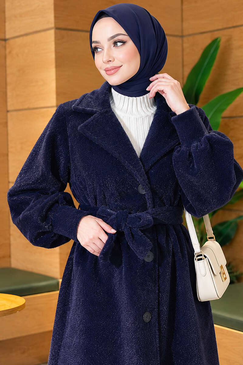 Belted Faux Fur Coat with Puff Sleeves - Navy
